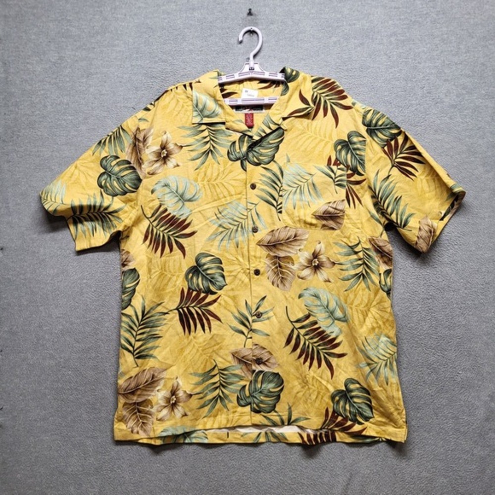 La Cabana‎ Men Button Up Shirt XL Yellow Leaf Allover Print Linen Blend Hawaiian